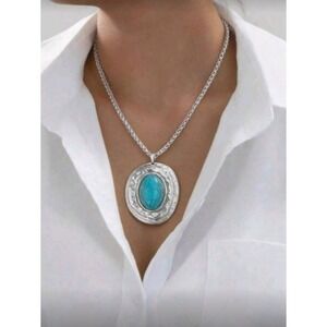 Silver Tone Turquoise Color Stone Oval Pendant Long Chain Necklace